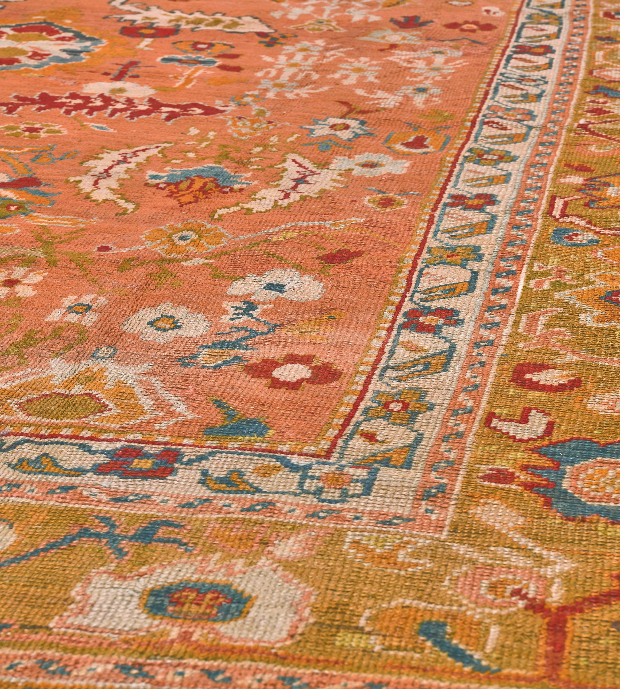 Antique Orange Floral Oushak Rug from Turkey For Sale 1