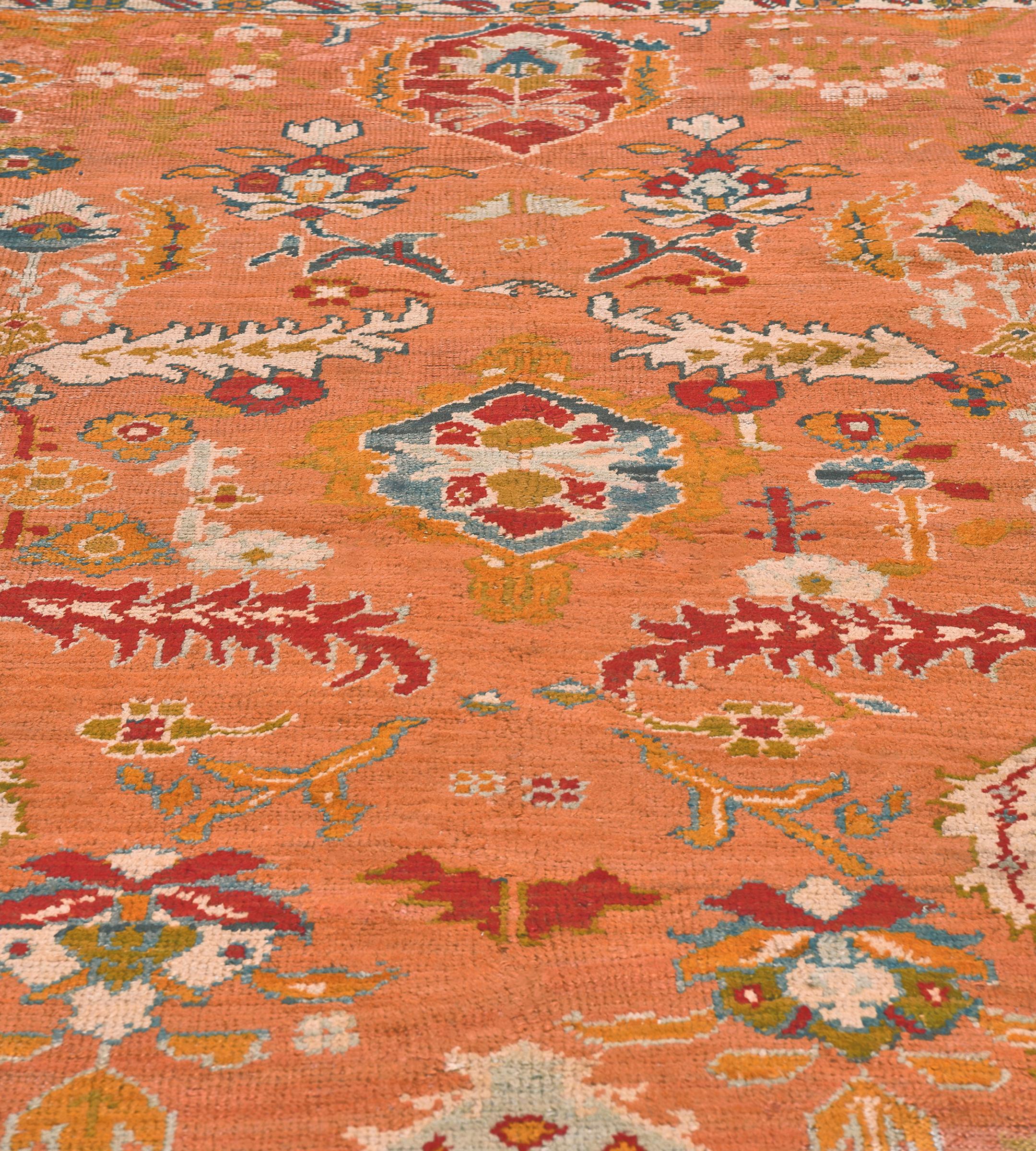 Antique Orange Floral Oushak Rug from Turkey For Sale 2