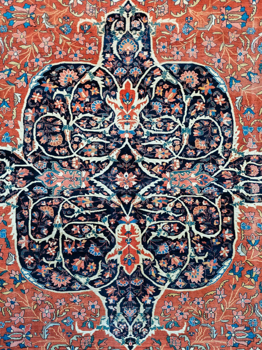 Sarouk Farahan Antique Persian Farahan Carpet, Red, Orange, Indigo, 10’ x 14’ For Sale