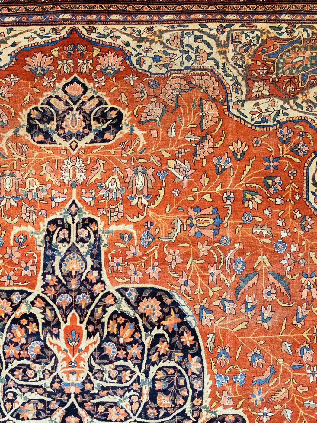 Vegetable Dyed Antique Wool Persian Farahan Carpet, Red, Orange, Indigo, 10’ x 14’ For Sale