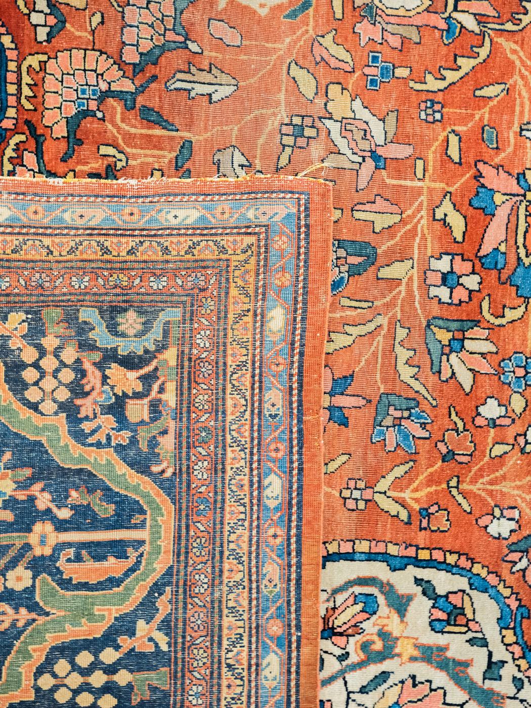 Wool Antique Persian Farahan Carpet, Red, Orange, Indigo, 10’ x 14’ For Sale