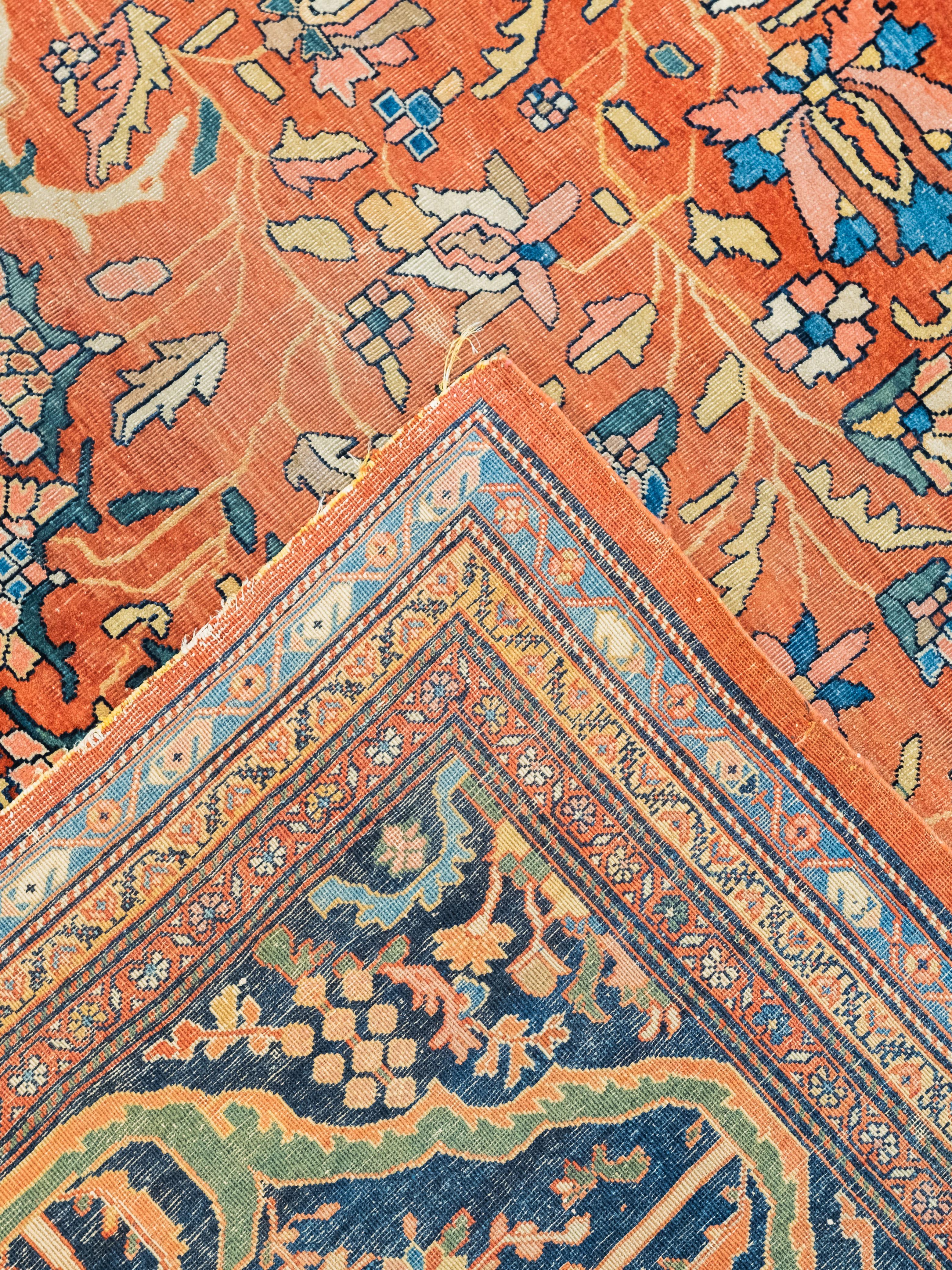 Alfombra Persa Farahan Antigua de Lana, Roja, Naranja, Añil, 10' x 14 en venta 2