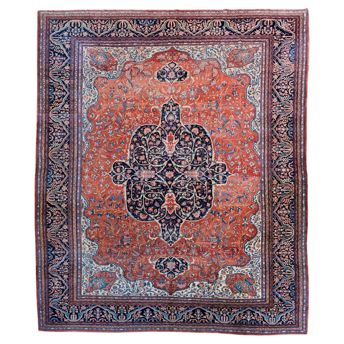Antique Wool Persian Farahan Carpet, Red, Orange, Indigo, 10’ x 14’ For Sale