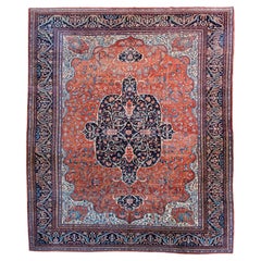 Antique Orange, Red, and Indigo Persian Farahan Carpet