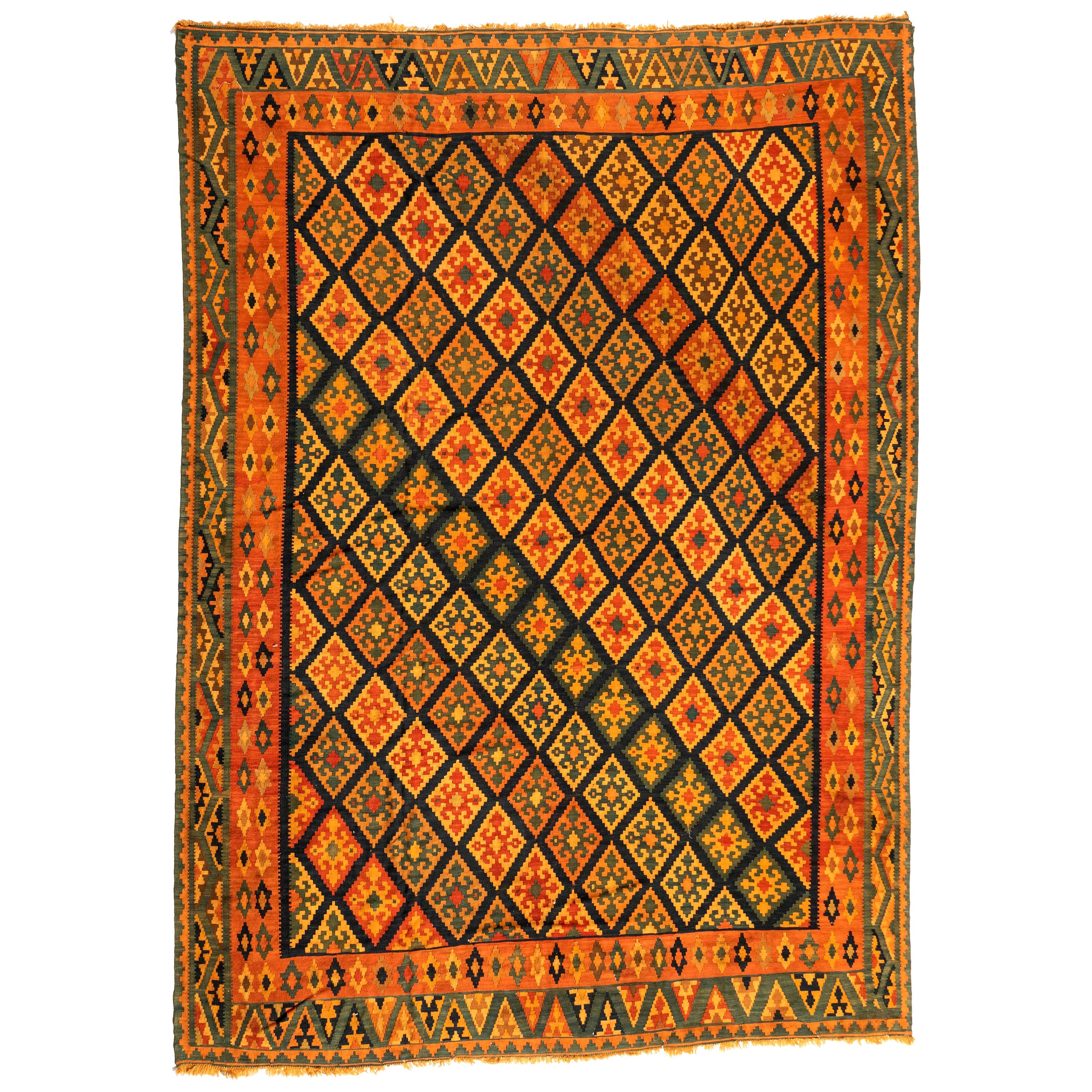 Antiker orange-gelb-grüner kaukasischer geometrischer Kilim-Teppich:: ca. 1940er Jahre im Angebot