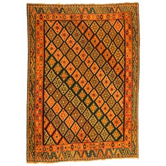 Vintage Orange Yellow Green Caucasian Kilim Geometric Rug, circa 1940s