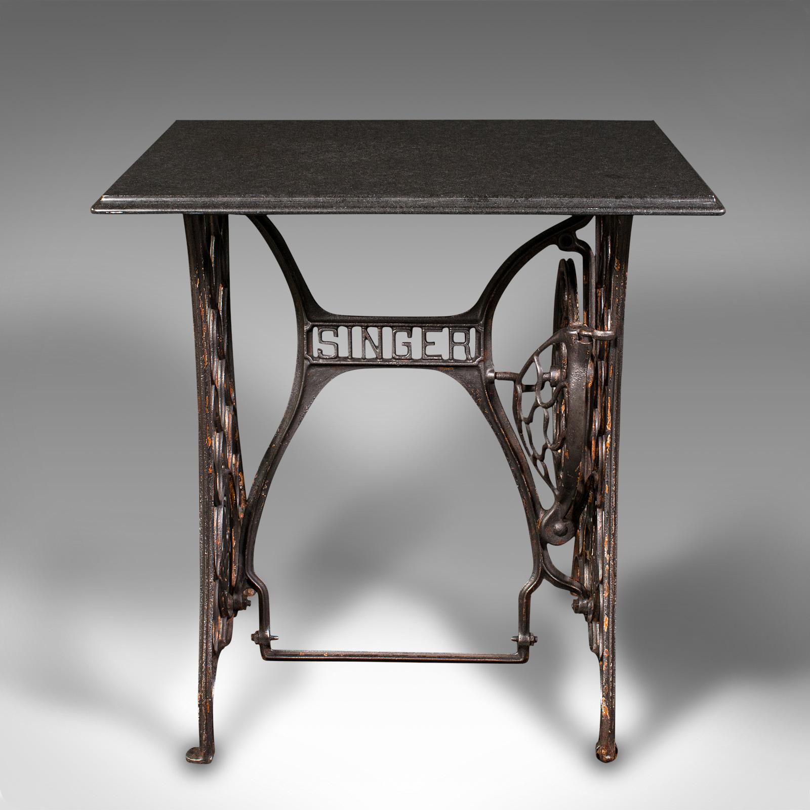 This is an antique orangery potting table. An English, granite and cast iron garden table, dating to the Victorian period and later, circa 1900.

Beautifully presented Victorian sewing machine table, with bespoke top
Displays a desirable aged patina
