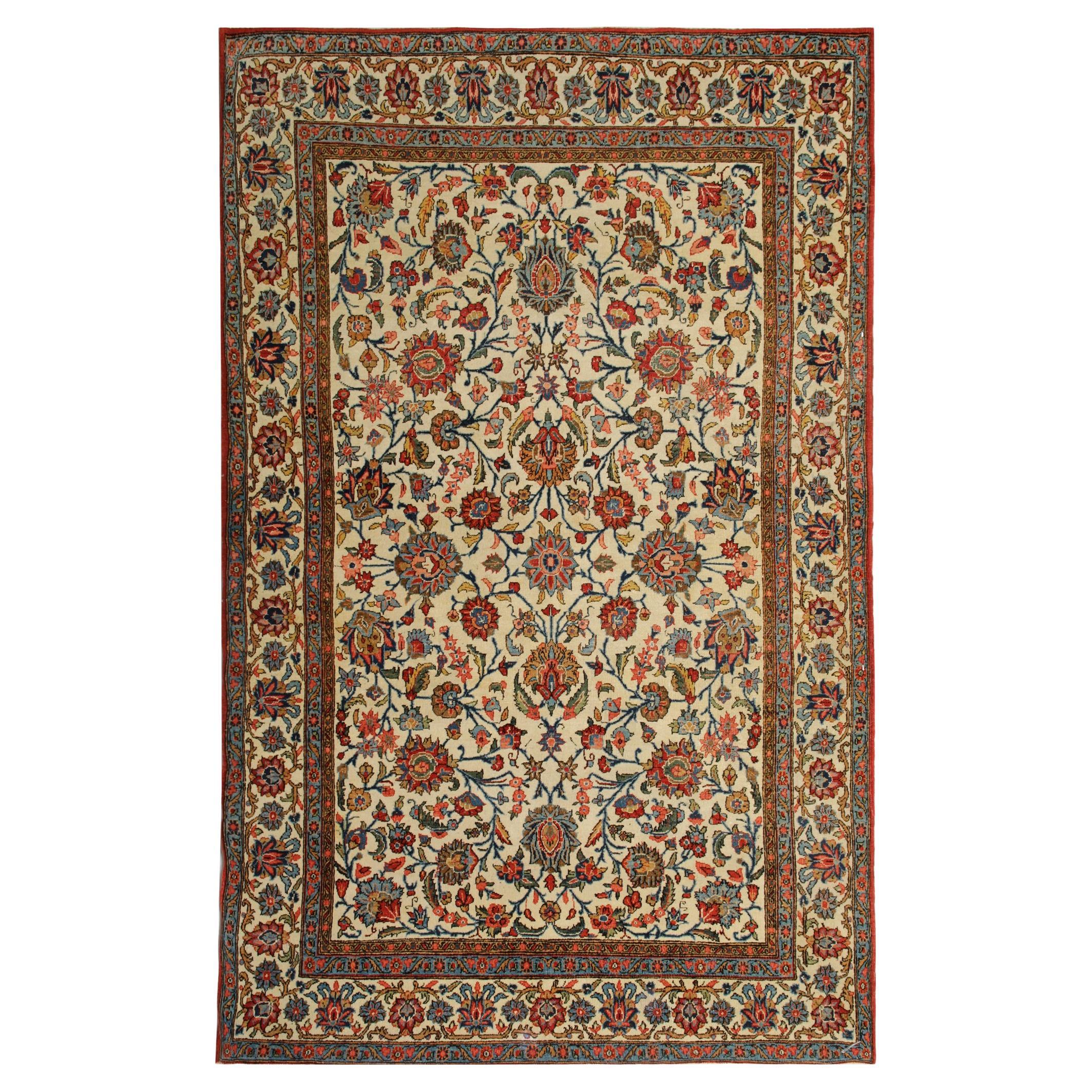 Antique Oriental Area Rug Traditional Floral Cream Wool Carpet For Sale