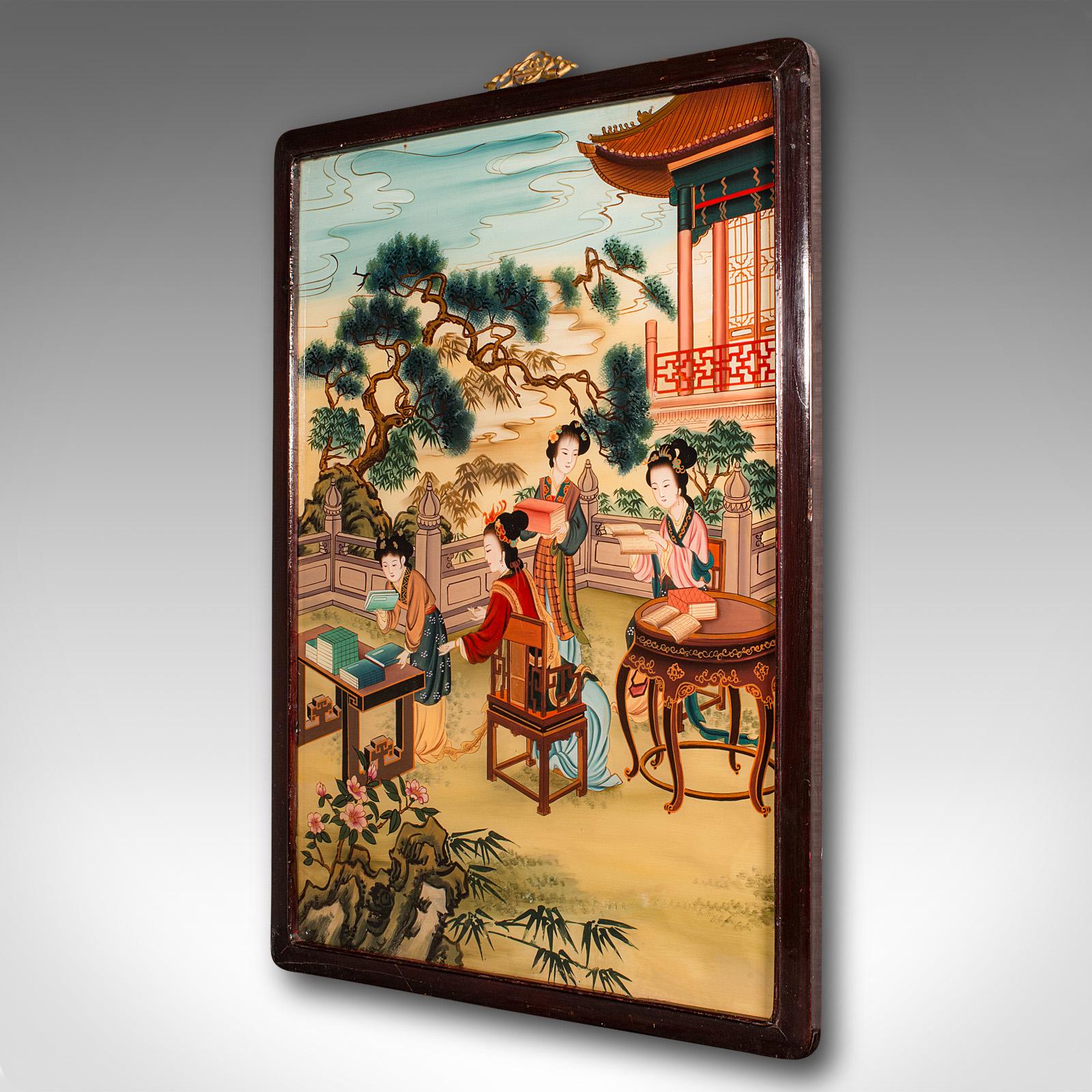 Late Victorian Antique Oriental Art Scene, Chinese, Reverse Painting, Glass Panel, Victorian For Sale