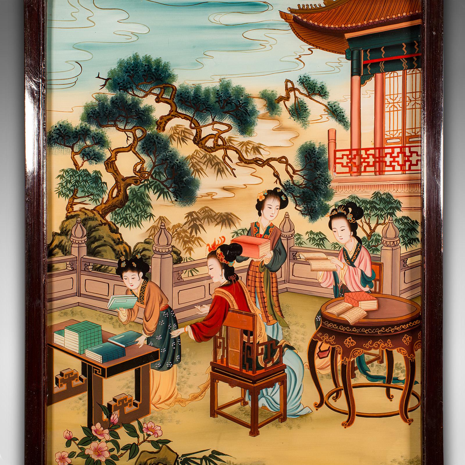 Antique Oriental Art Scene, Chinese, Reverse Painting, Glass Panel, Victorian In Good Condition For Sale In Hele, Devon, GB