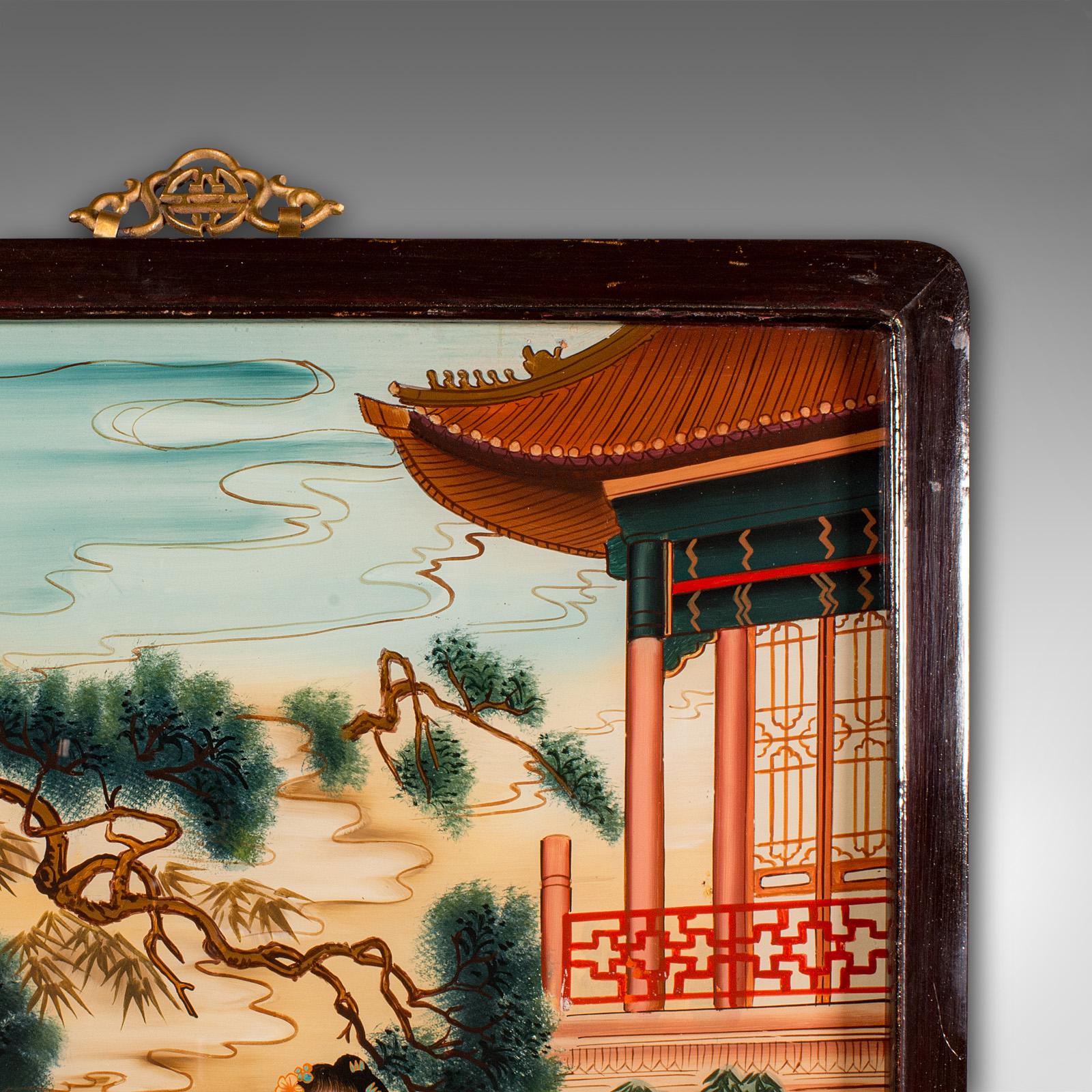 19th Century Antique Oriental Art Scene, Chinese, Reverse Painting, Glass Panel, Victorian For Sale