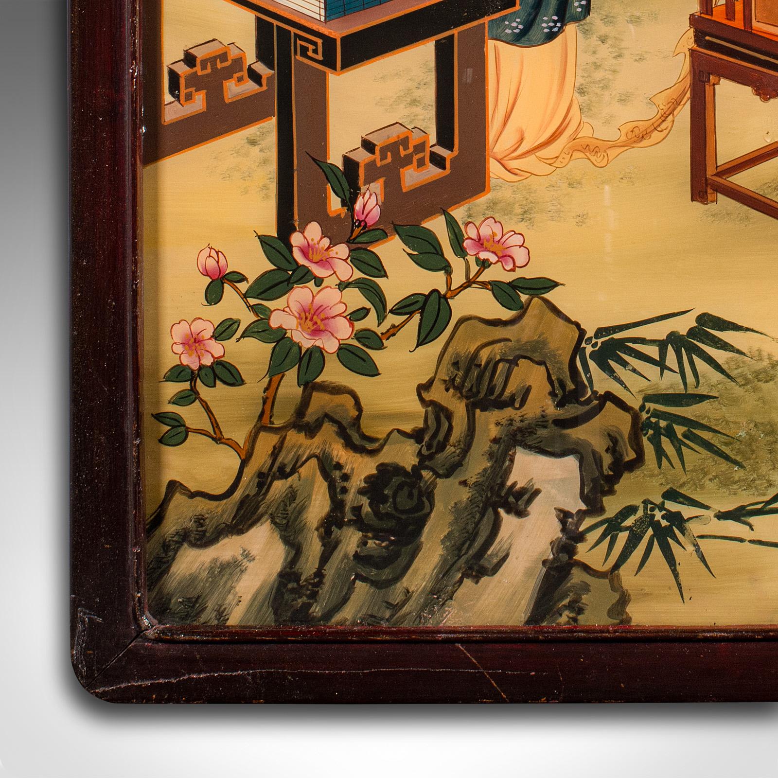 Antique Oriental Art Scene, Chinese, Reverse Painting, Glass Panel, Victorian For Sale 1