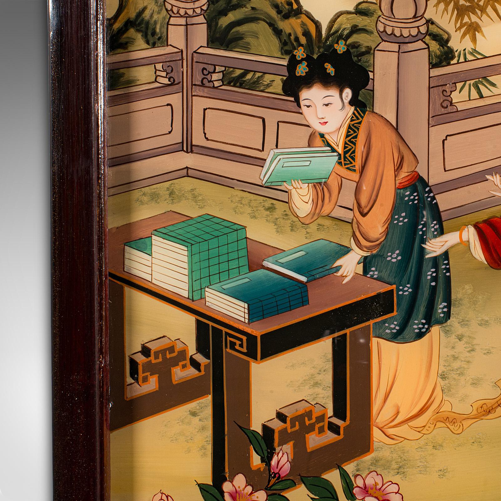 Antique Oriental Art Scene, Chinese, Reverse Painting, Glass Panel, Victorian For Sale 2