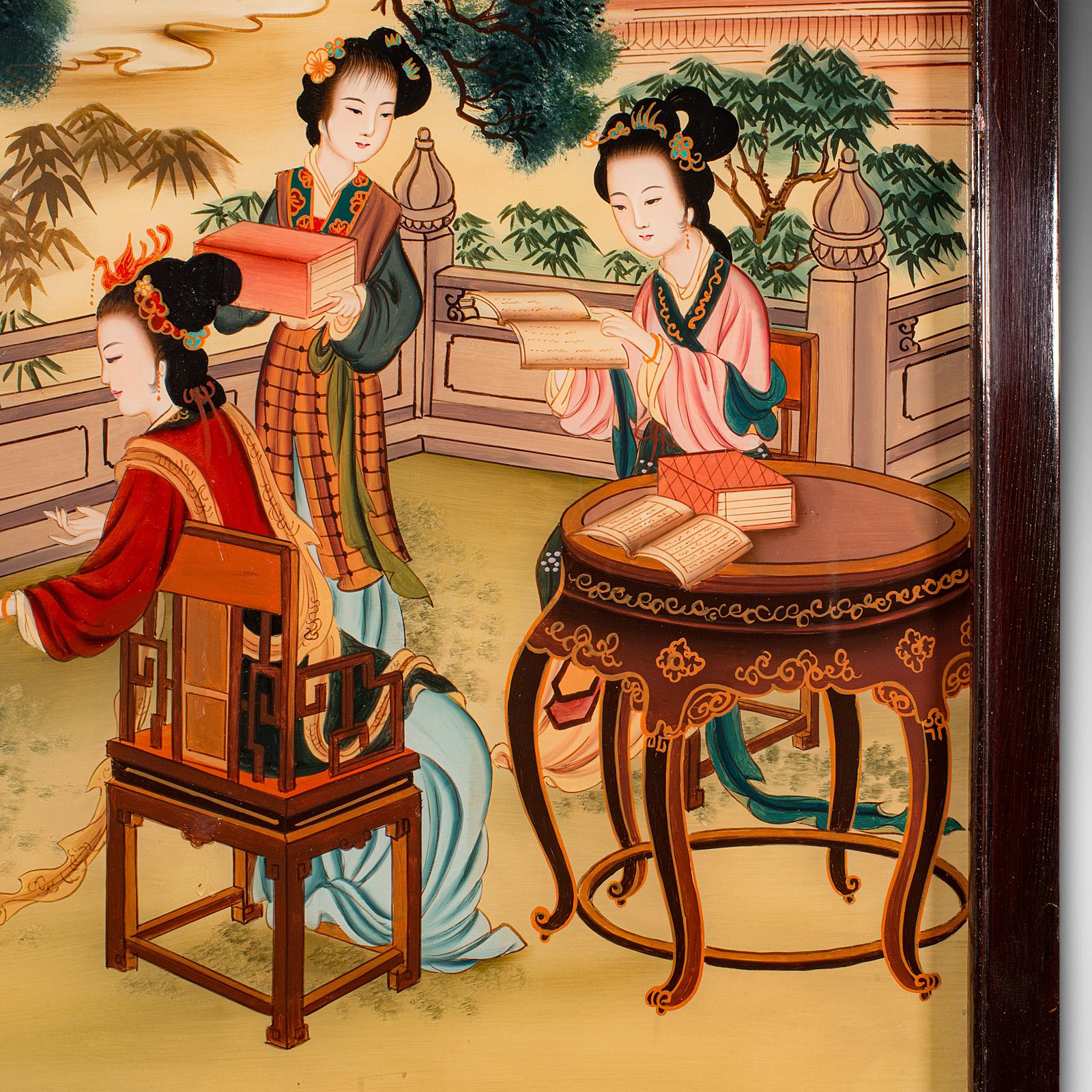 Antique Oriental Art Scene, Chinese, Reverse Painting, Glass Panel, Victorian For Sale 3