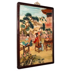 Antique Oriental Art Scene, Chinese, Reverse Painting, Glass Panel, Victorian