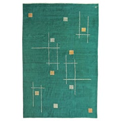 Antique Oriental Blue-Green Geometric Art Deco Rug