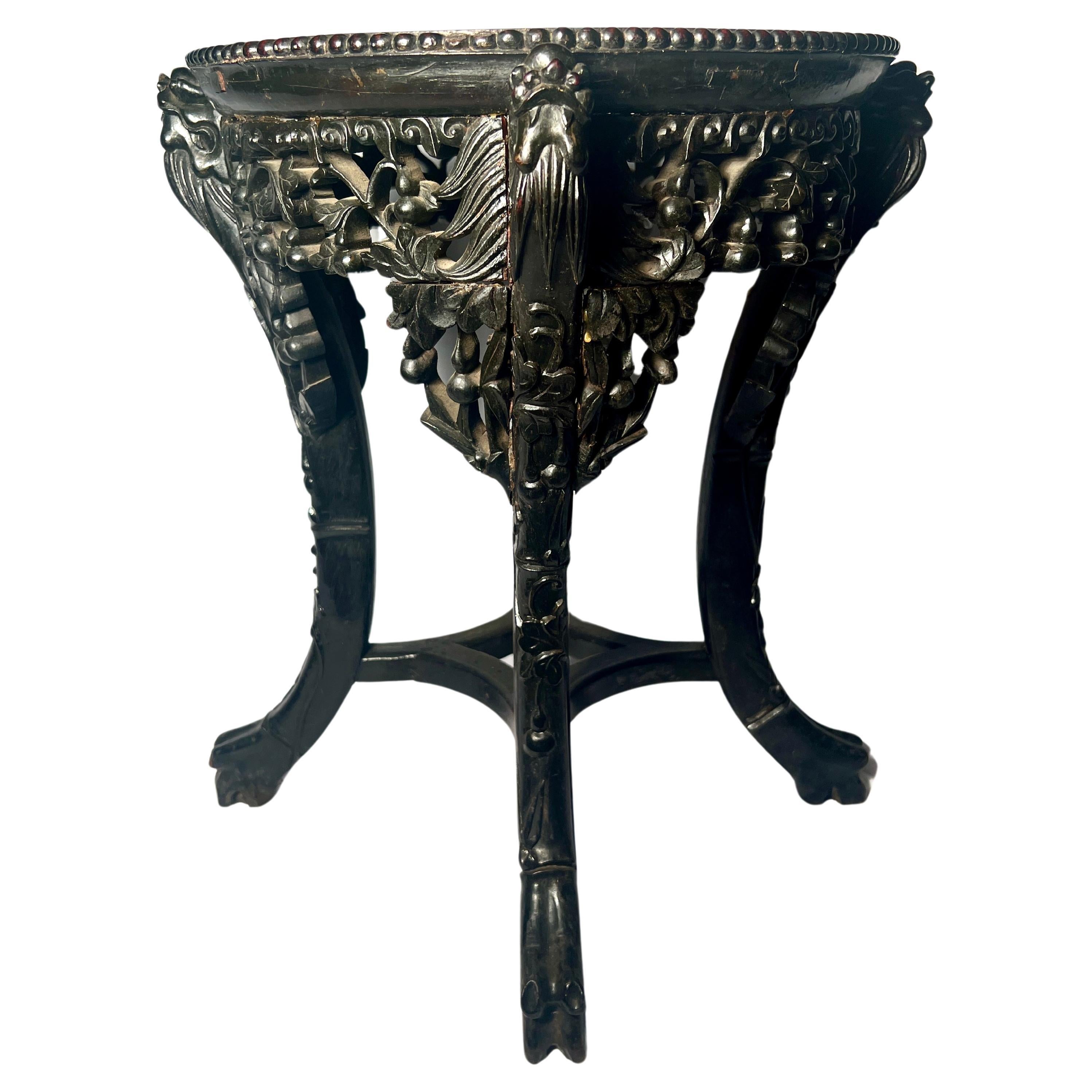Antique Oriental Carved Teak Wood Marble Top Stand. Over one hundred years old.