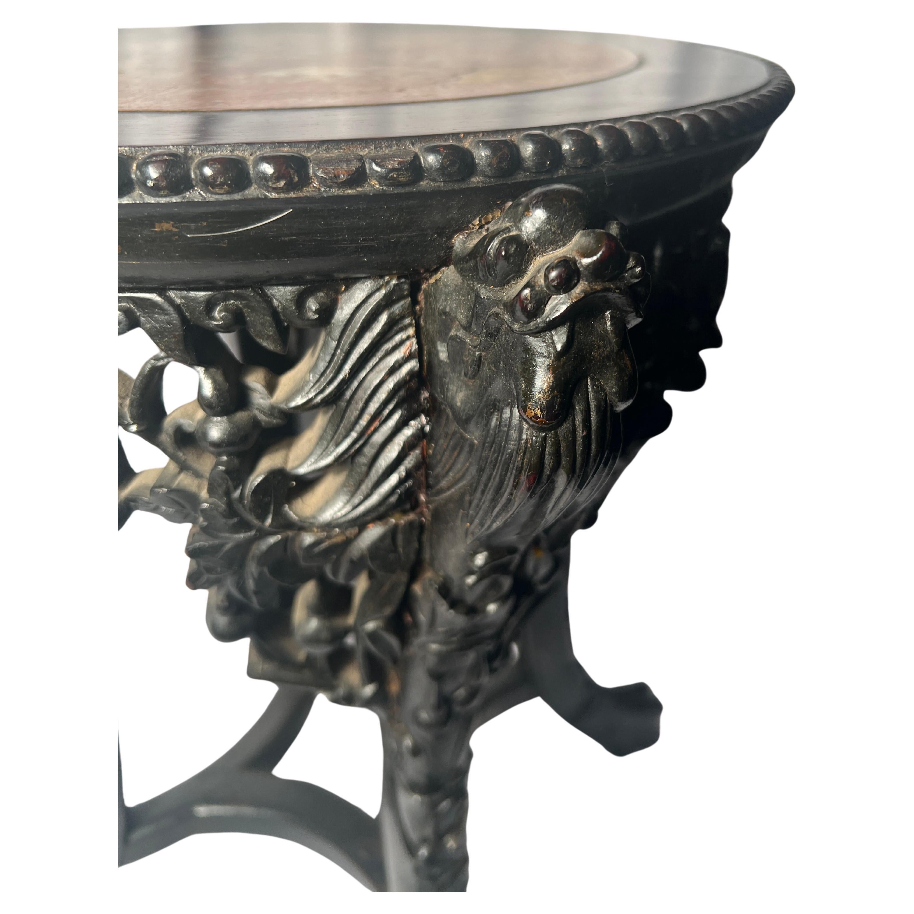 Antique Oriental Carved Teak Wood Marble Top Stand, Circa 1900's. In Good Condition For Sale In New Orleans, LA