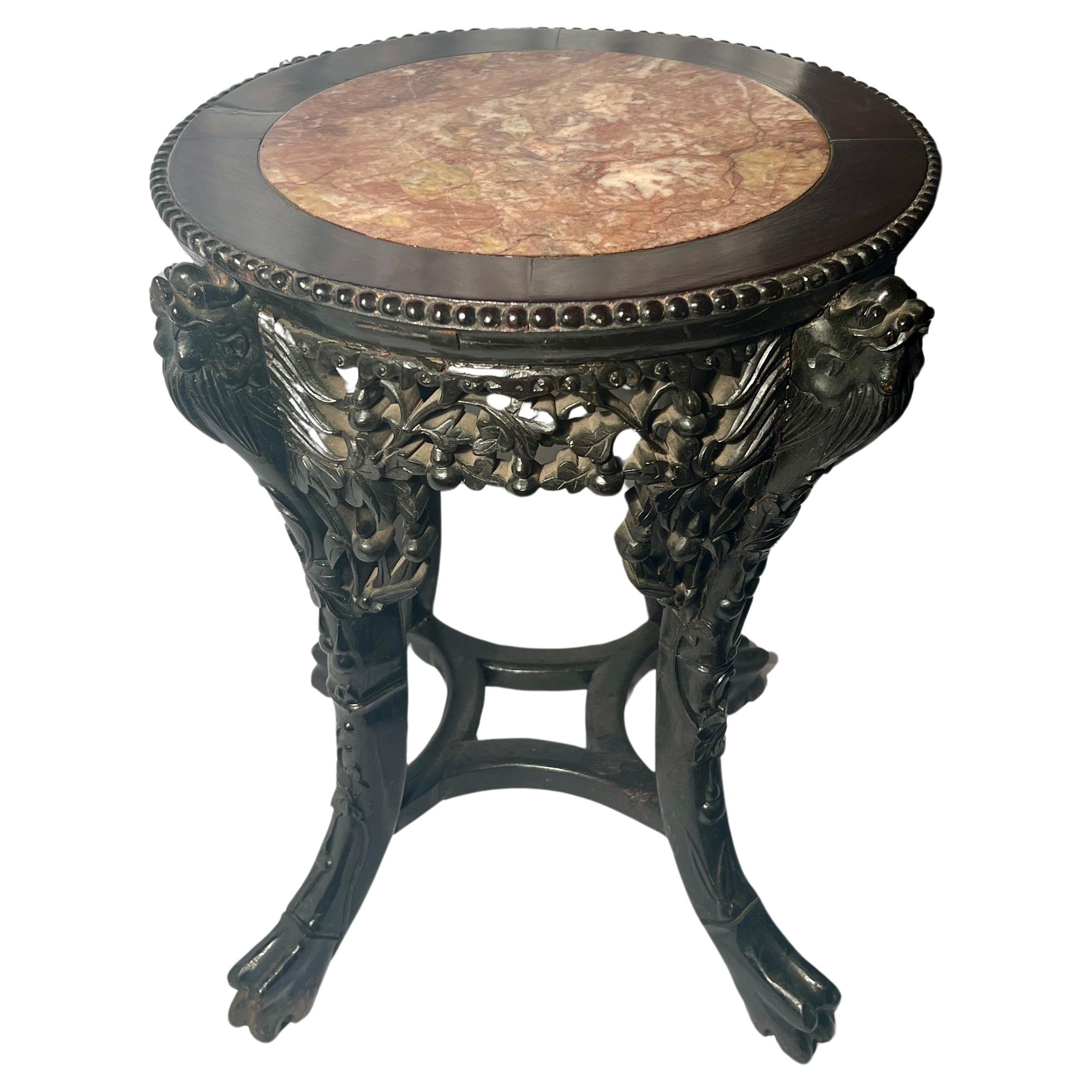 20th Century Antique Oriental Carved Teak Wood Marble Top Stand, Circa 1900's. For Sale