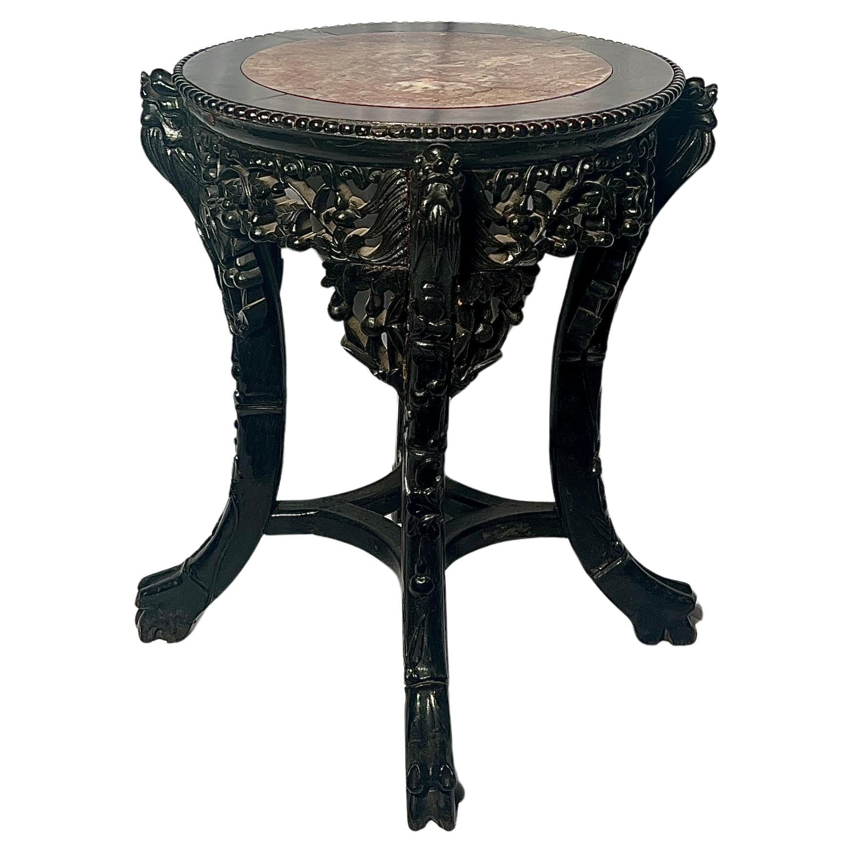 Antique Oriental Carved Teak Wood Marble Top Stand, Circa 1900's.