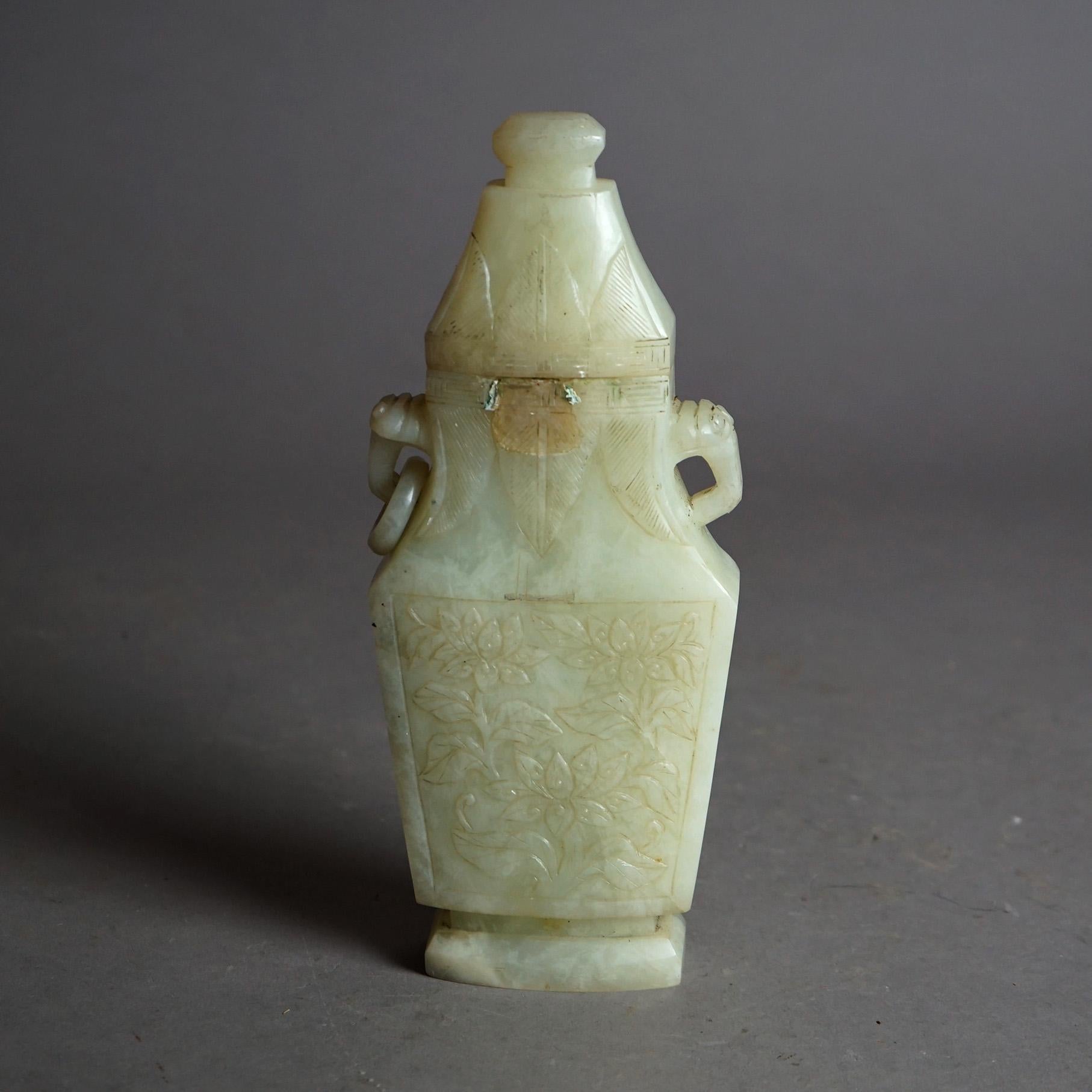 Antique Oriental Carved White Jade Lidded Bottle Circa 1920 In Good Condition For Sale In Big Flats, NY