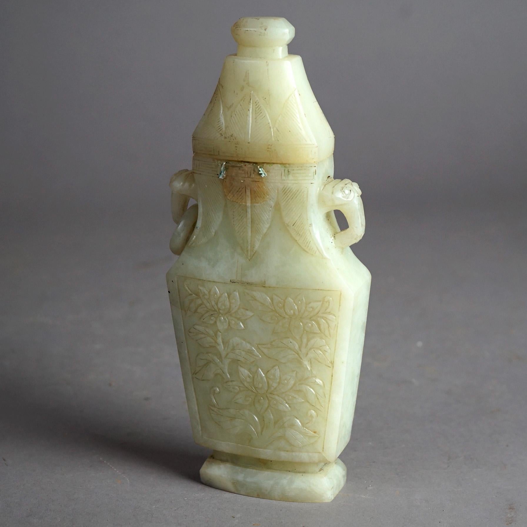 Antique Oriental Carved White Jade Lidded Bottle Circa 1920 For Sale 2