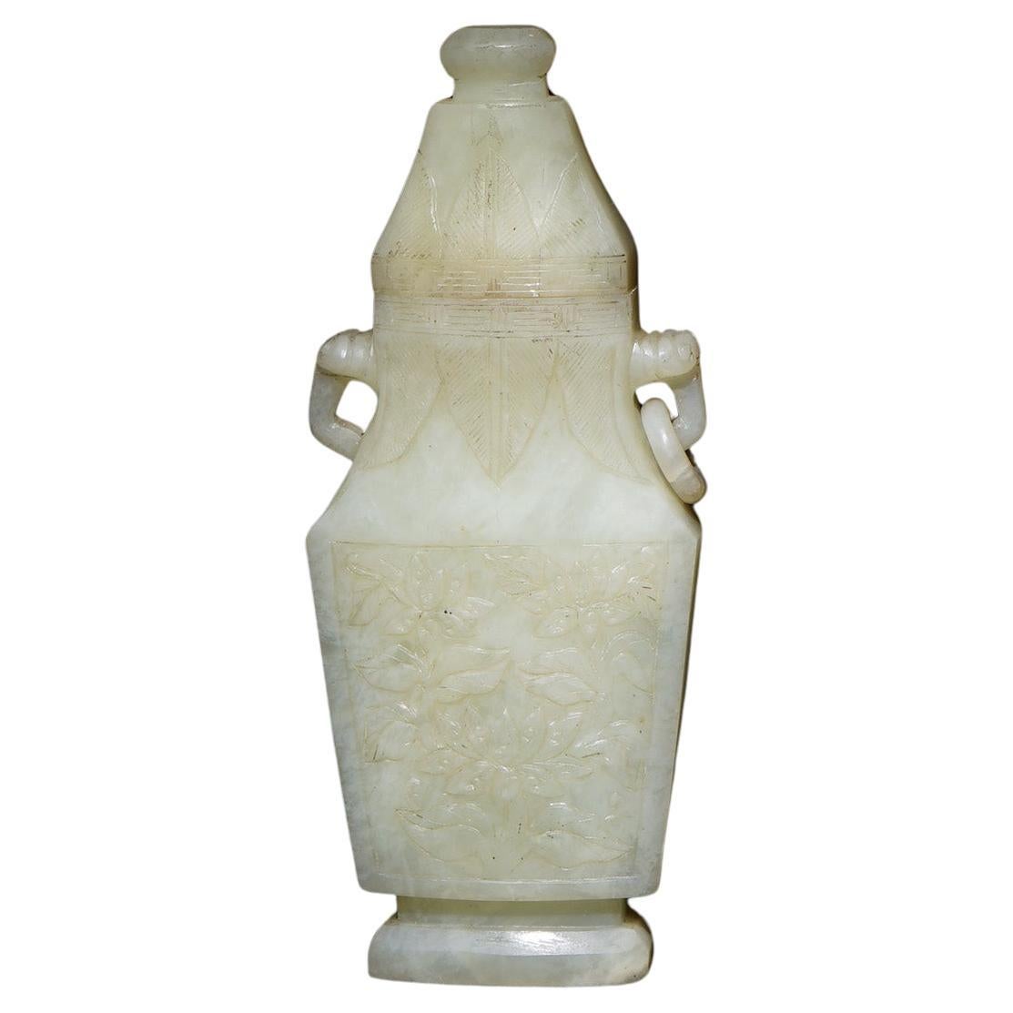 Antique Oriental Carved White Jade Lidded Bottle Circa 1920 For Sale