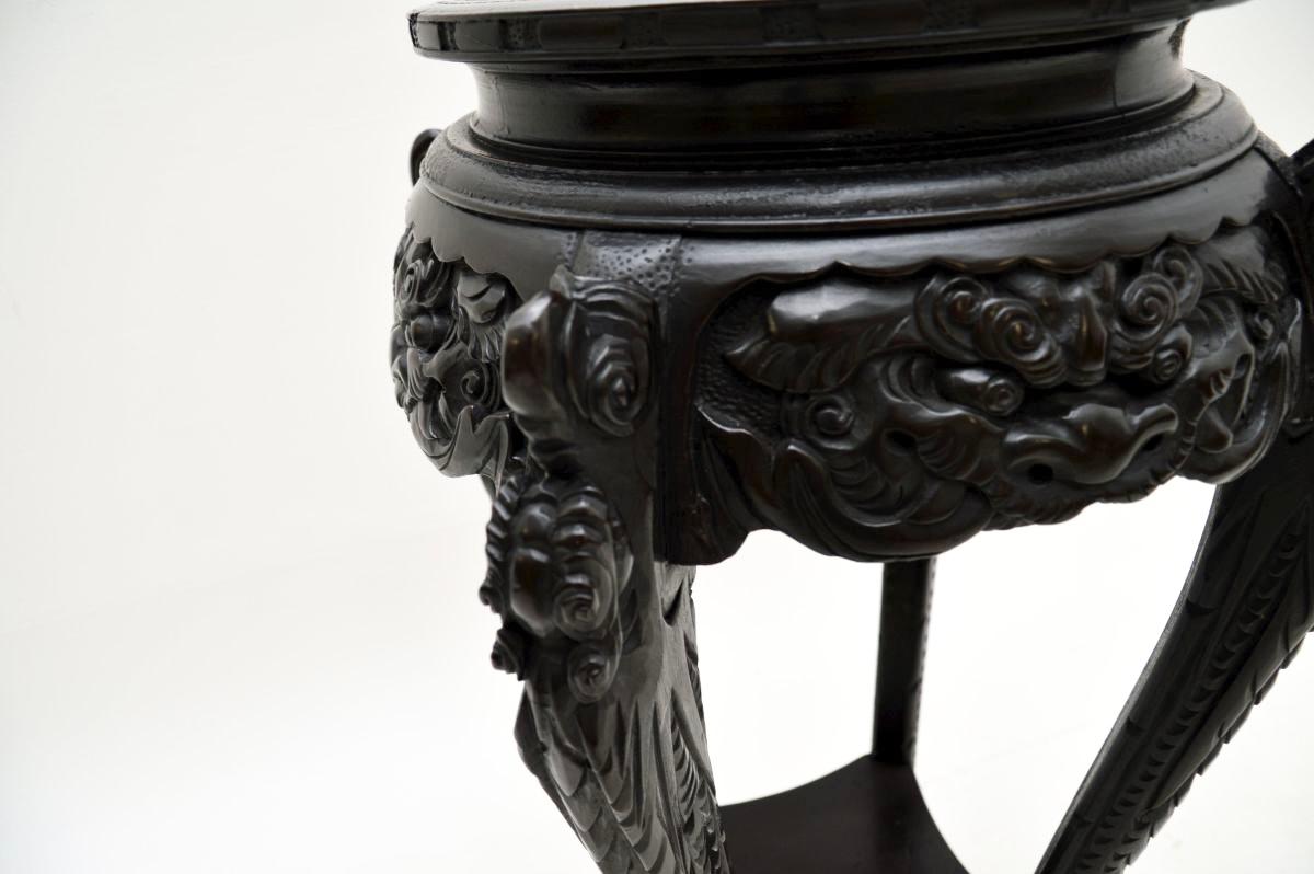 Antigua Mesa Auxiliar Oriental de Madera Tallada / Soporte para Plantas Ébano