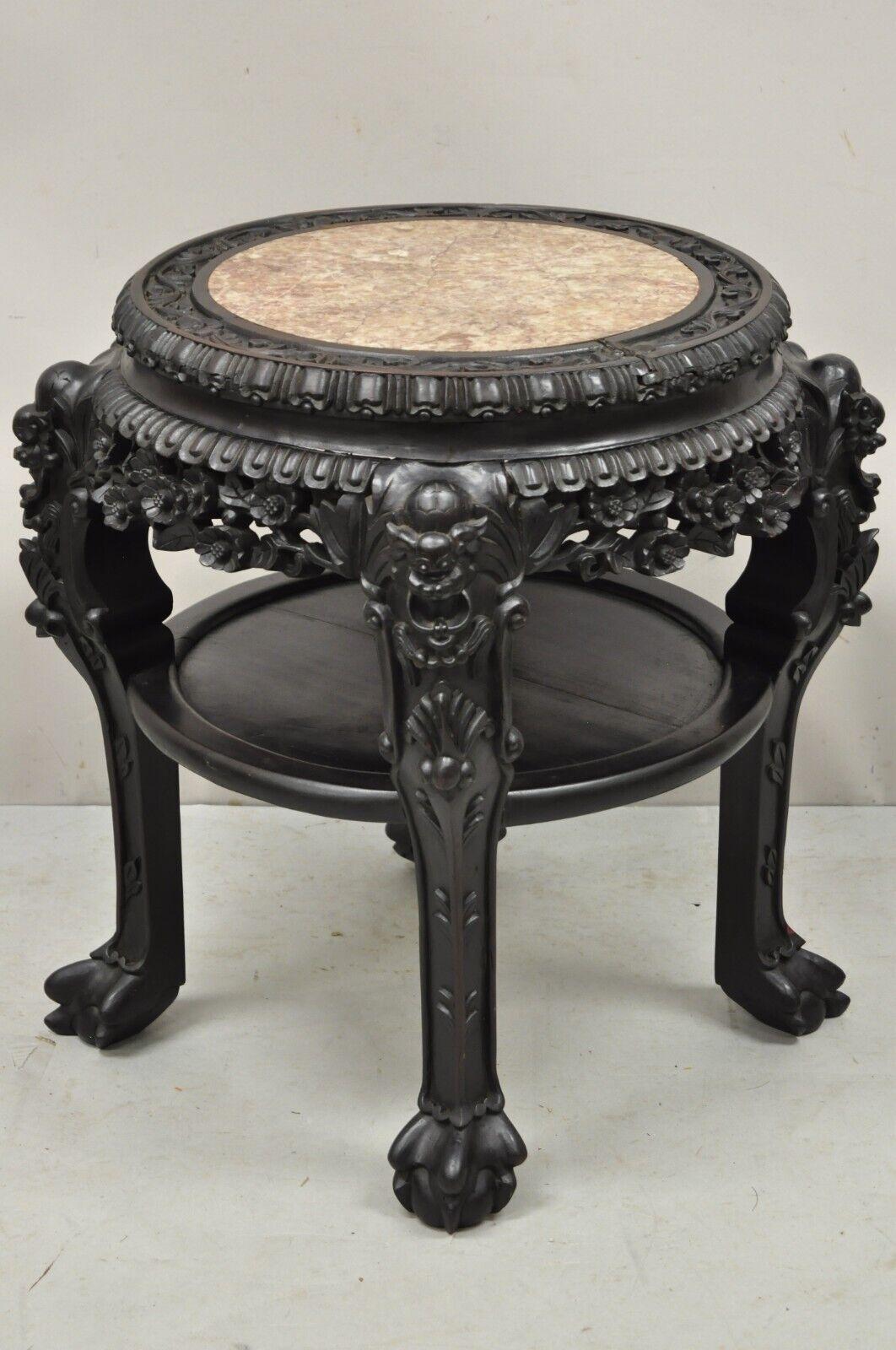 Antique Oriental Chinese Carved Hardwood Marble Top Foo Dog Side Table For Sale 4
