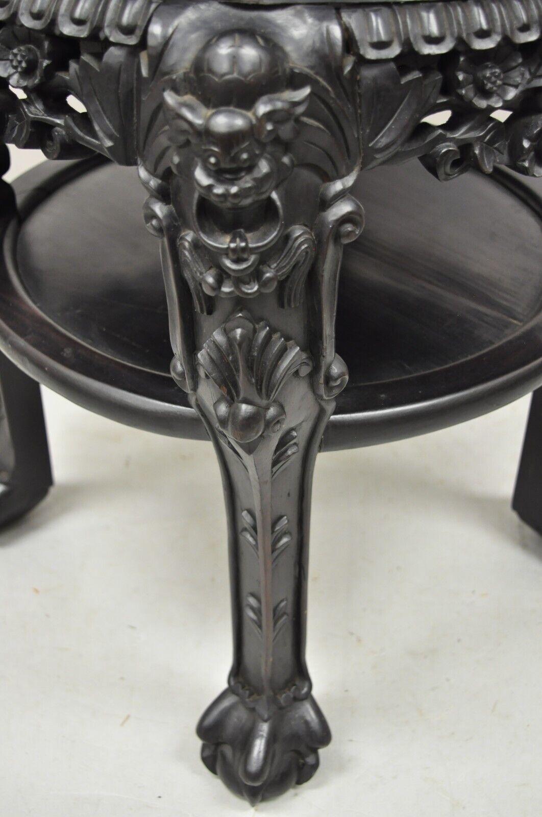 Antique Oriental Chinese Carved Hardwood Marble Top Foo Dog Side Table For Sale 1