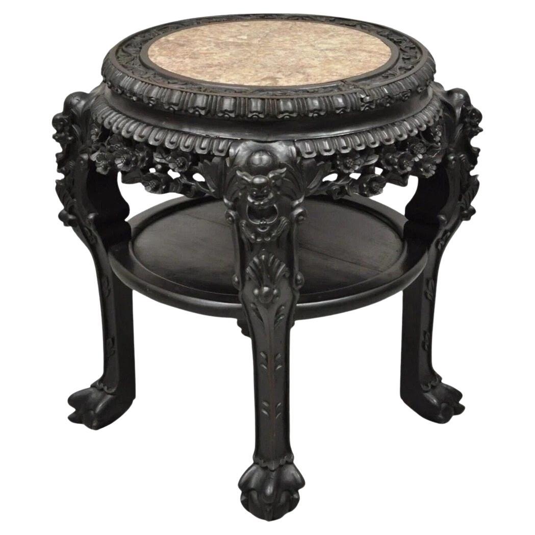 Antique Oriental Chinese Carved Hardwood Marble Top Foo Dog Side Table For Sale