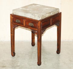 ANTIQUE ORIENTAL HUGE SLAB STONE TOP BUTCHERS COOKS TABLE WITH TWIN DRAWERs