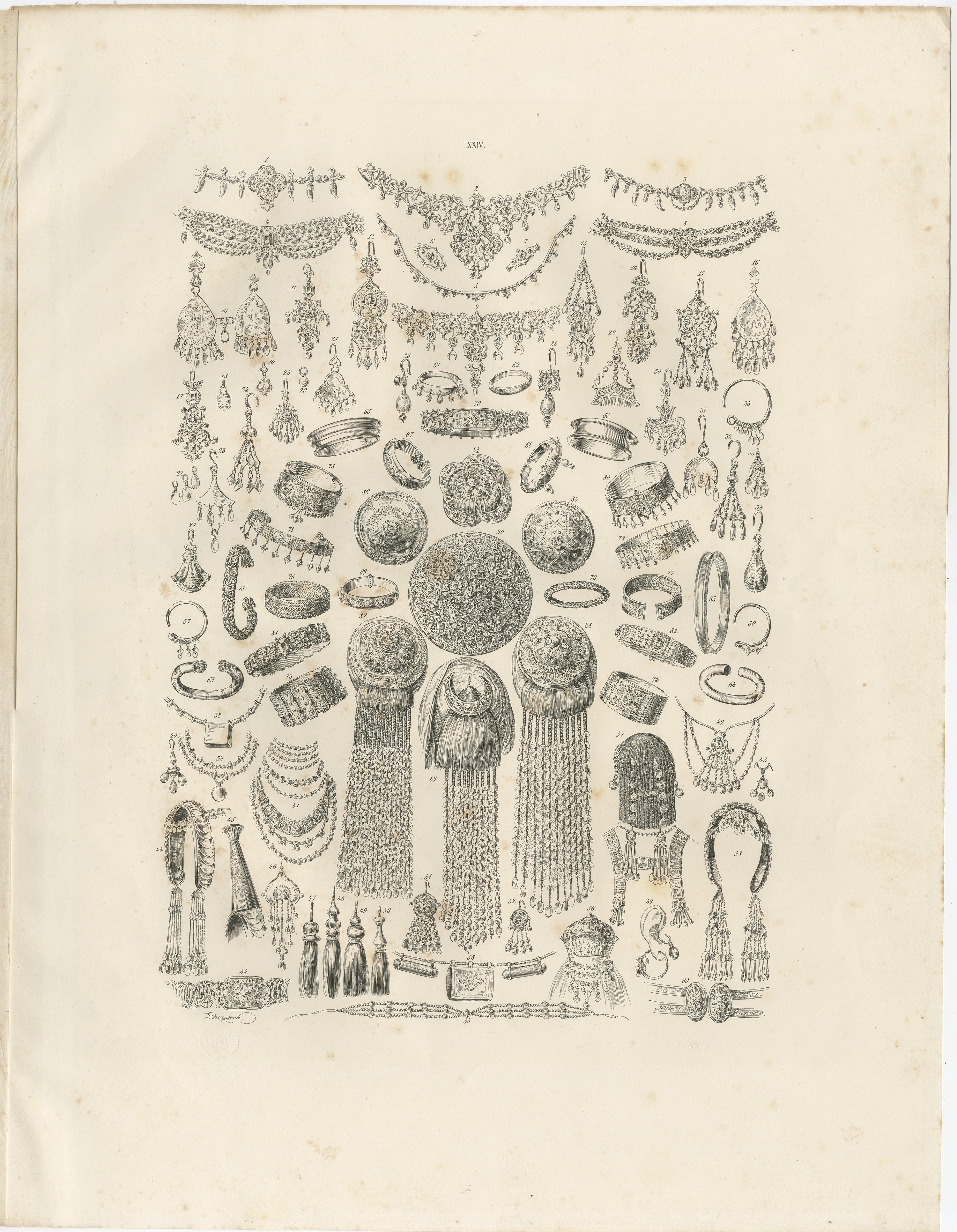 Bijoux orientaux anciens et étude de parure de Maximilian en Bavière, 1846

Cette gravure orientaliste du XIXe siècle, d'un raffinement exceptionnel, présente une étude approfondie et très détaillée de la joaillerie et de la parure personnelle au