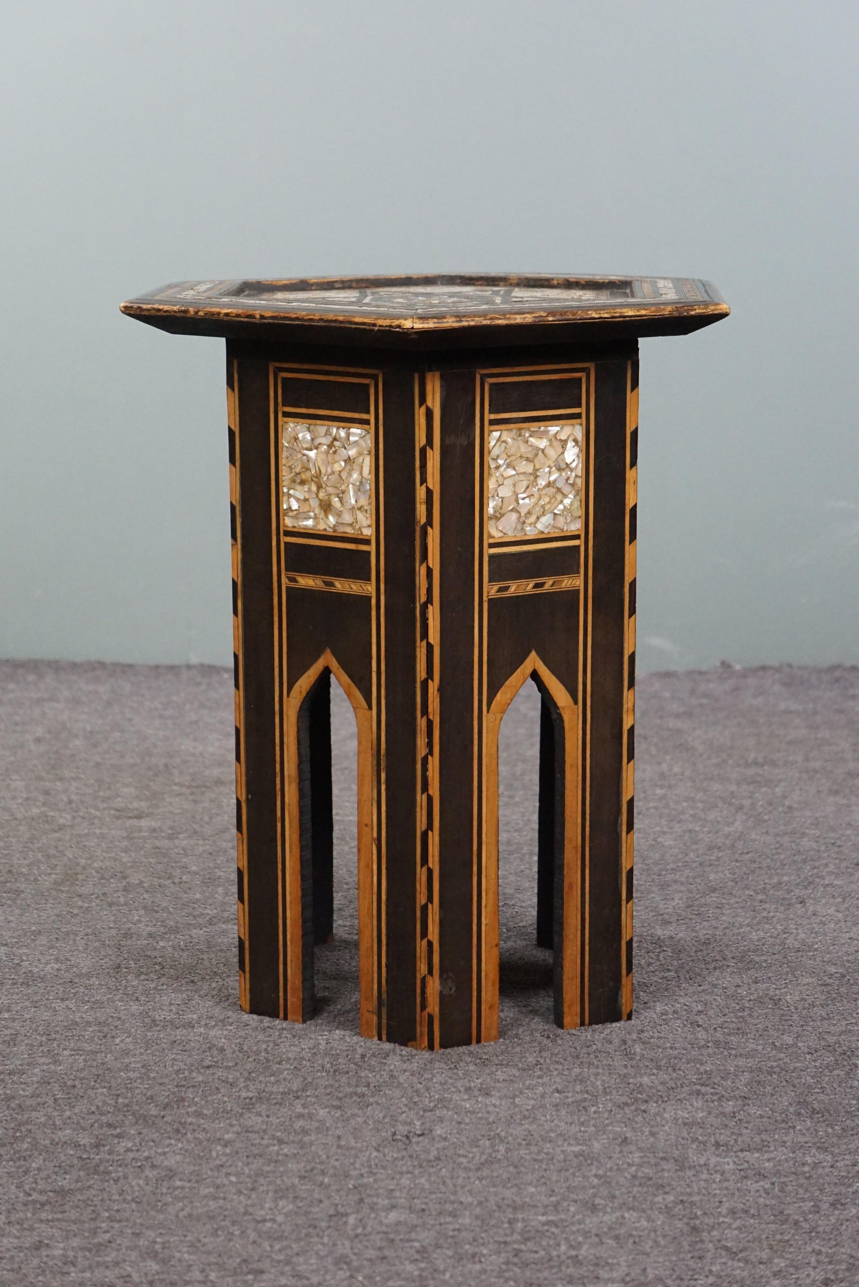 Wood Antique Oriental mosaic side table For Sale