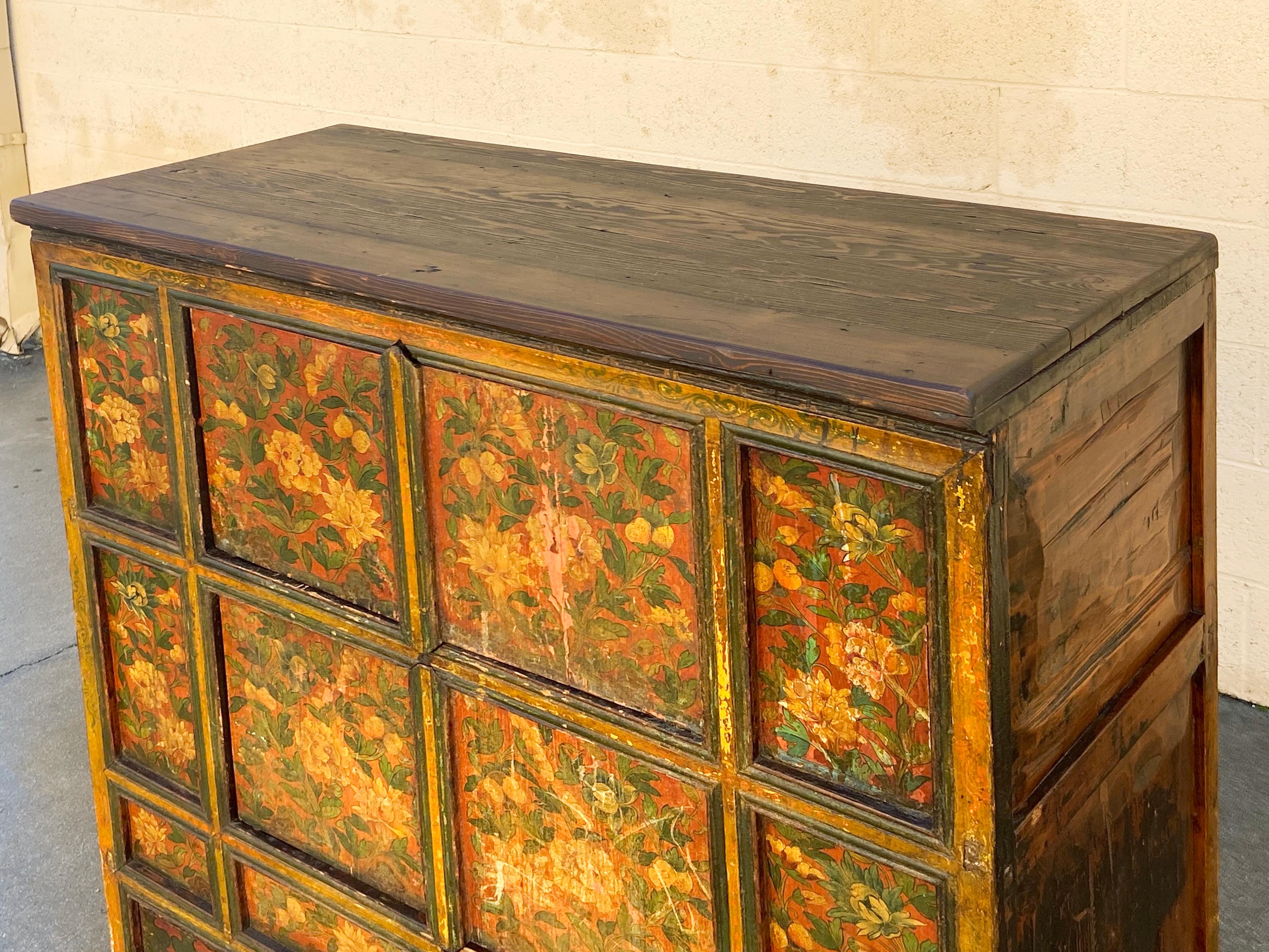 Wood Antique Oriental Painted Hutch Cabinet
