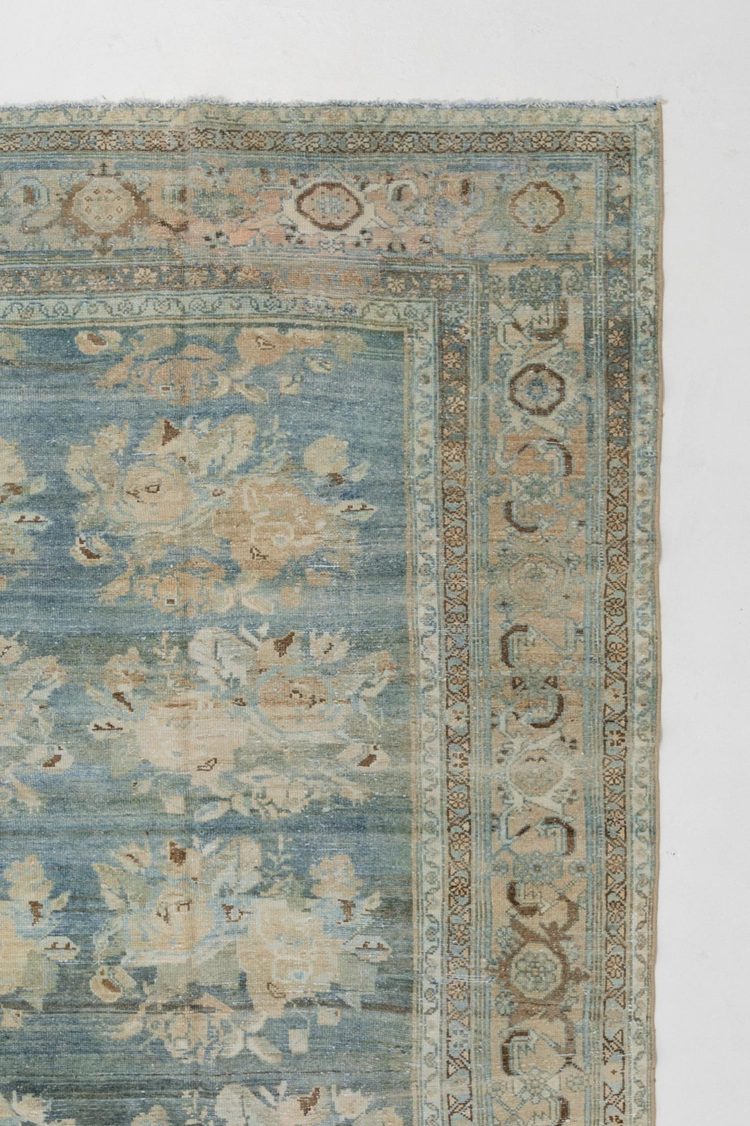 Age: Circa 1930

Colors: blue, green, ivory, tan

Pile: low-medium

Wear Notes: 1

Material: Wool on Cotton. 

Vintage Persian Bidjar, woven in the early 20th century. Gorgeous large scale bouquets of flowers that are meticulously detailed. The rows