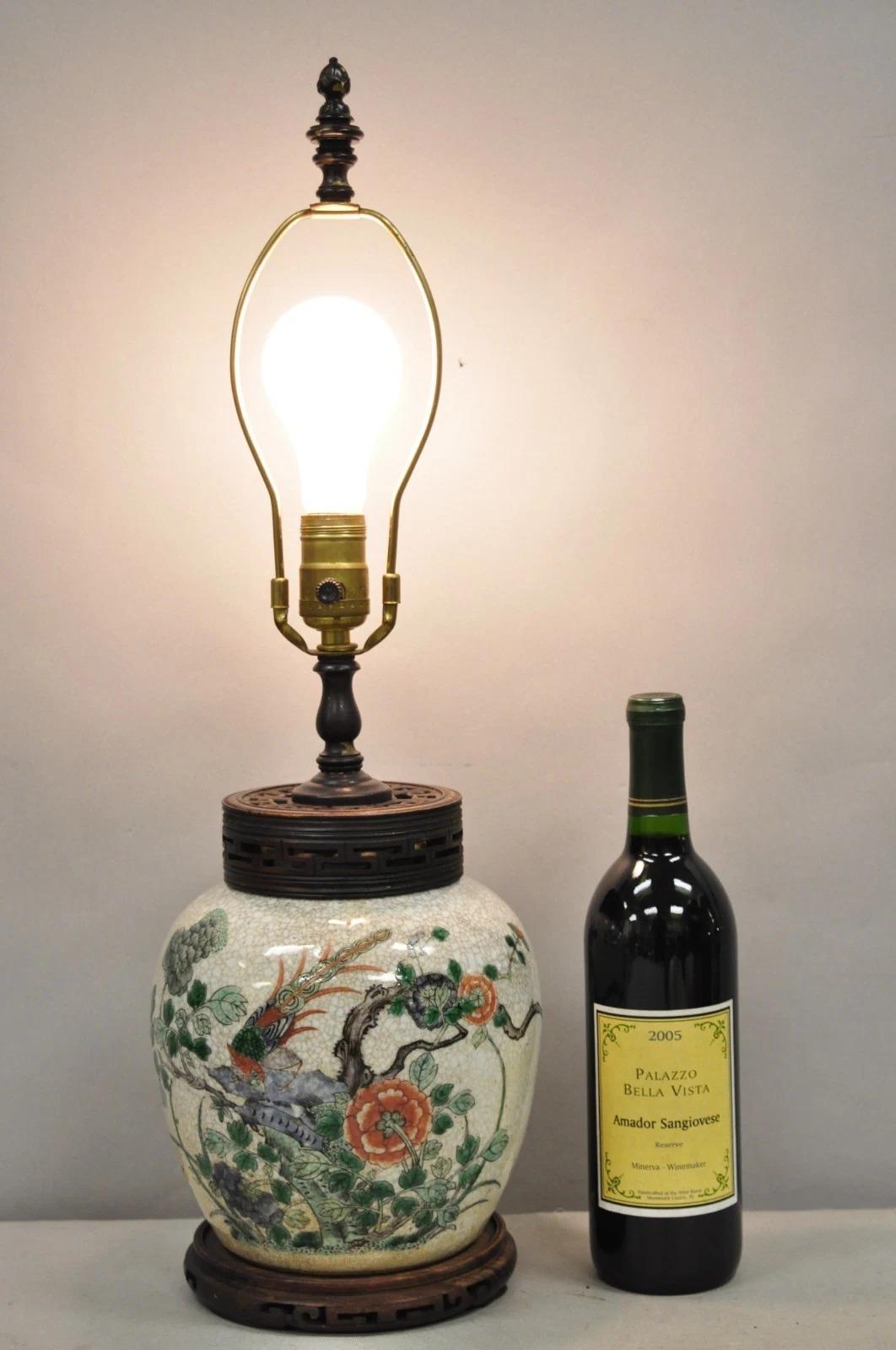 Antique Oriental Porcelain Bulbous Vase Bird Painted Table Lamp w/ Shade For Sale 6