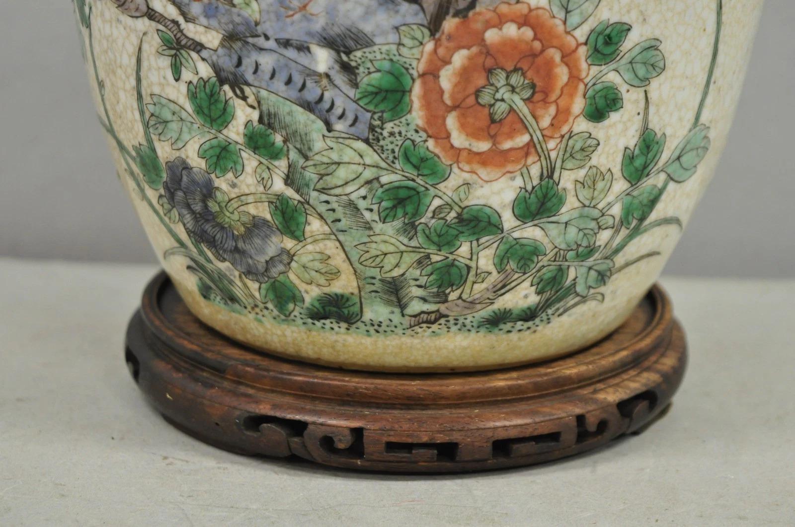 Unknown Antique Oriental Porcelain Bulbous Vase Bird Painted Table Lamp w/ Shade For Sale