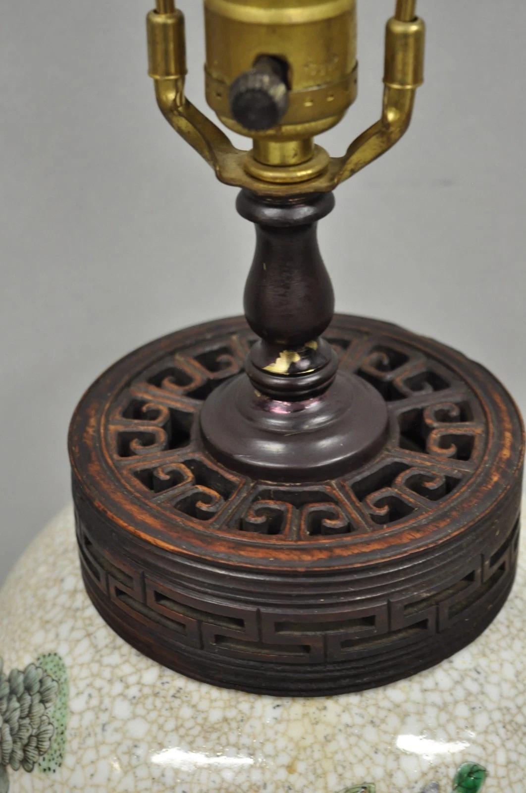 Antique Oriental Porcelain Bulbous Vase Bird Painted Table Lamp w/ Shade In Good Condition For Sale In Philadelphia, PA
