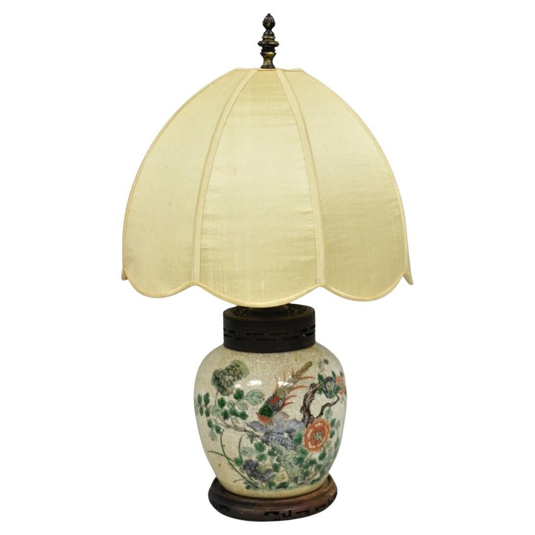 Antique Oriental Porcelain Bulbous Vase Bird Painted Table Lamp w/ Shade For Sale