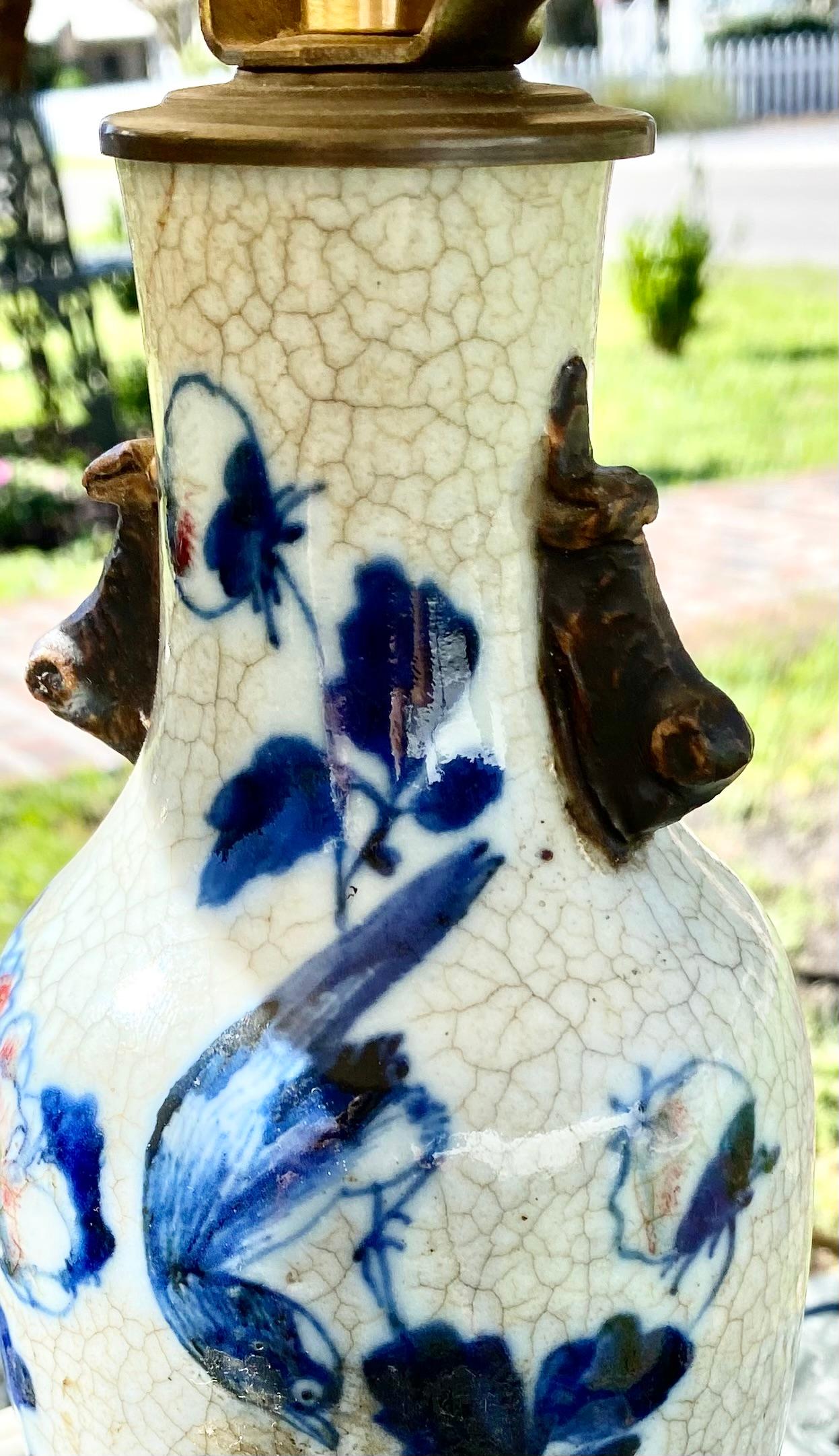 Chinese Export Antique Oriental Porcelain Vase Lamp Off White and Blue Perched Bird For Sale