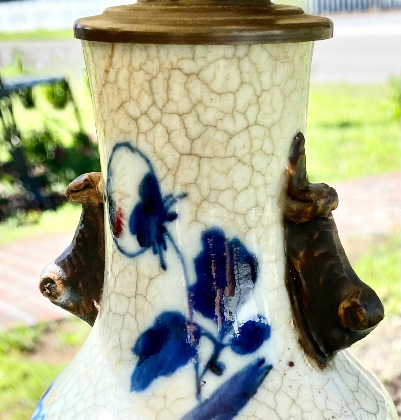 Antique Oriental Porcelain Vase Lamp Off White and Blue Perched Bird In Good Condition For Sale In New Orleans, LA