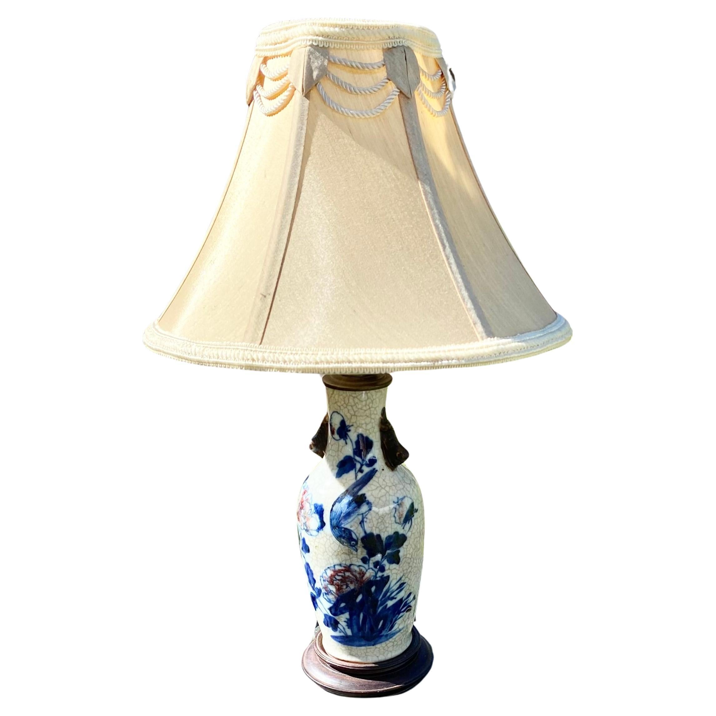 Antique Oriental Porcelain Vase Lamp Off White and Blue Perched Bird For Sale