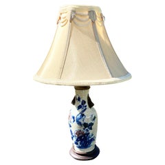 Used Oriental Porcelain Vase Lamp Off White and Blue Perched Bird