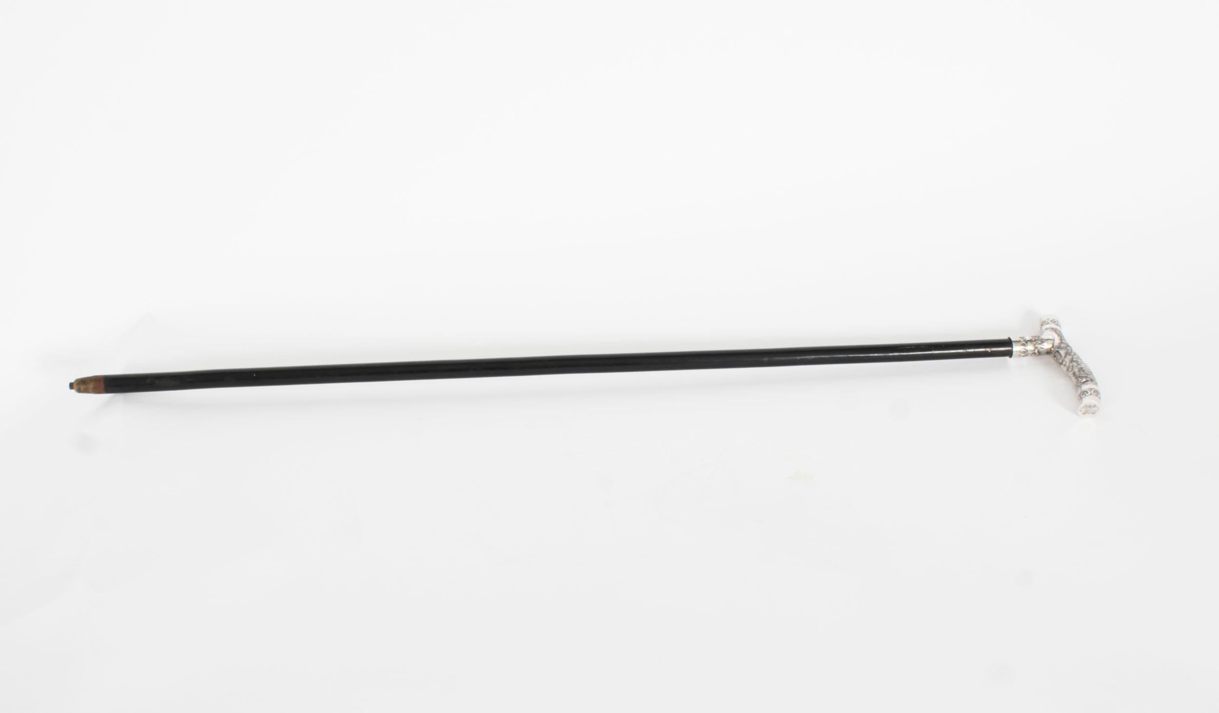 Antique Oriental Silver Handle Walking Stick Cane 19th Century 77cm/30inches In Good Condition In London, GB
