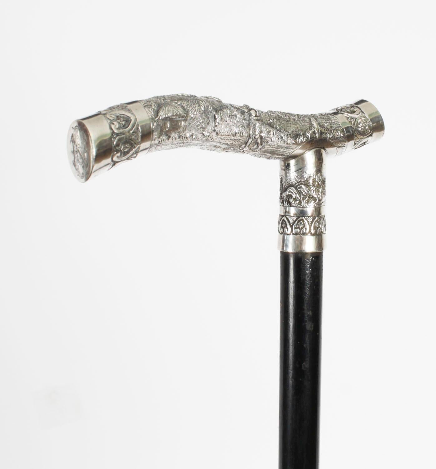 Antique Oriental Silver Handle Walking Stick Cane 19th Century 77cm/30inches 2