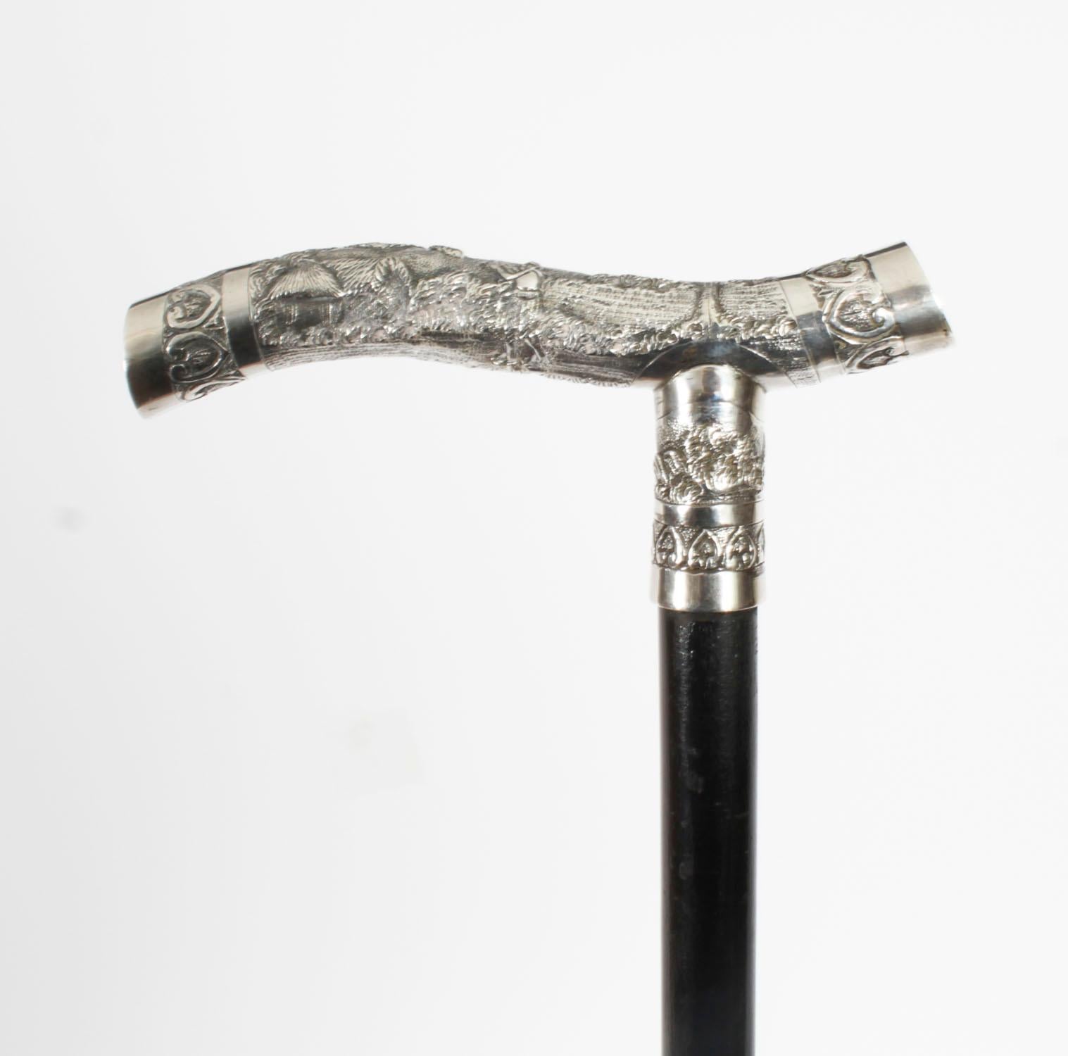 Ebonized Antique Oriental Silver Handle Walking Stick Cane 19th Century For Sale