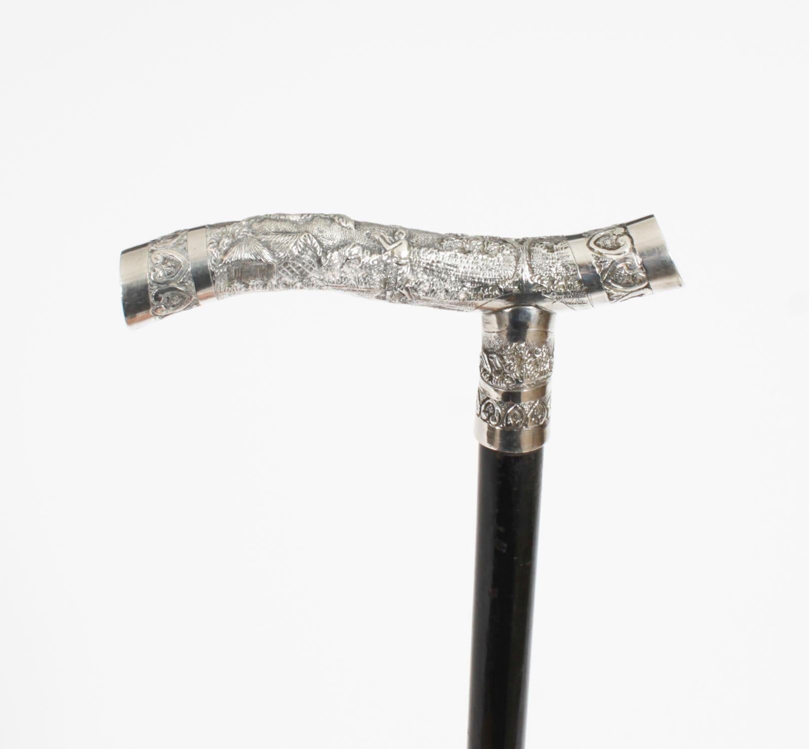 Antique Oriental Silver Handle Walking Stick Cane 19th Century In Good Condition For Sale In London, GB
