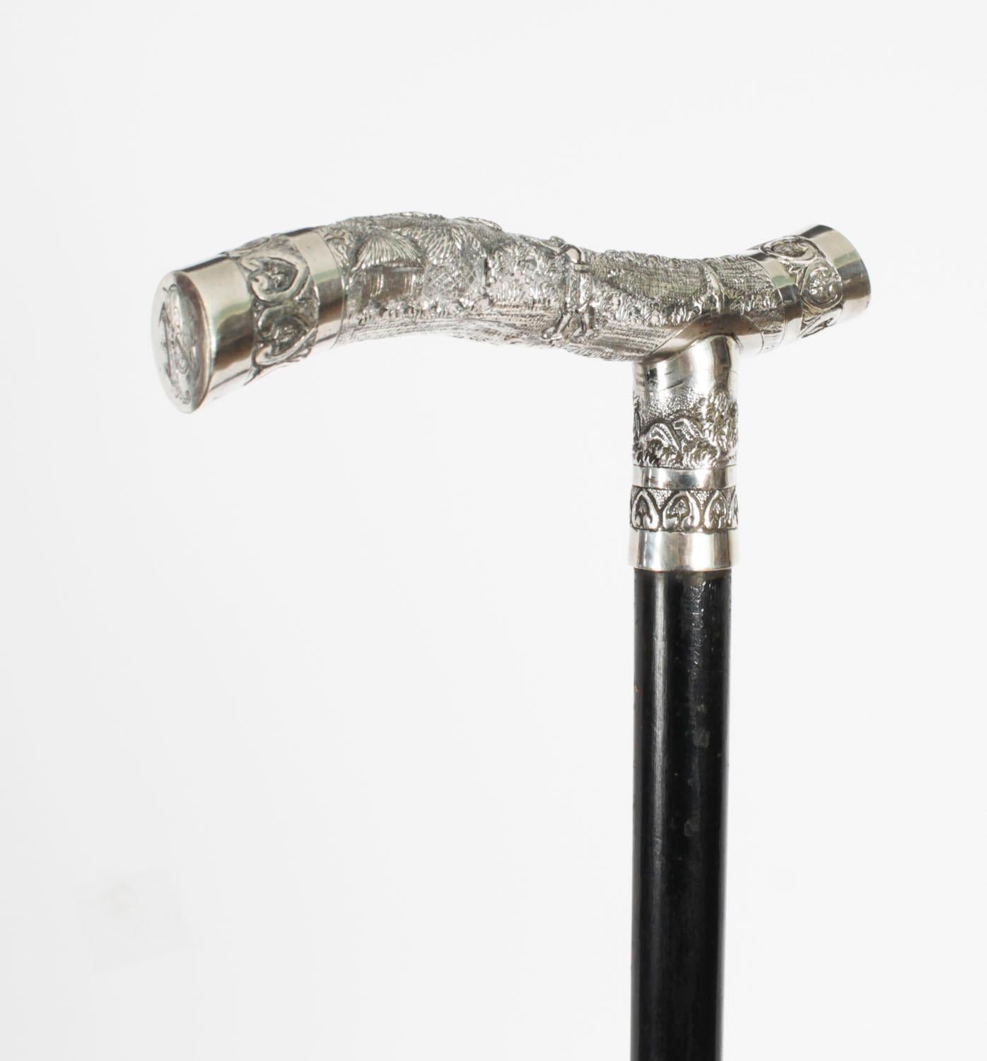 Antique Oriental Silver Handle Walking Stick Cane 19th Century For Sale 1
