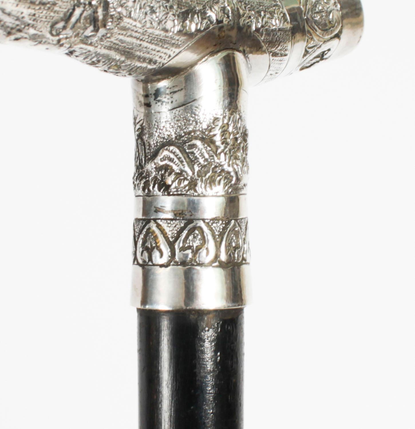 Antique Oriental Silver Handle Walking Stick Cane 19th Century For Sale 3